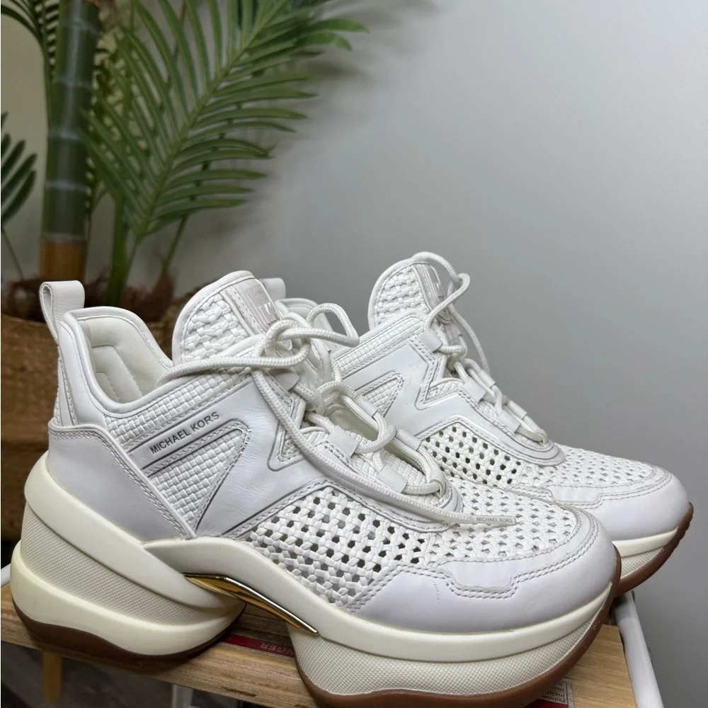 Michael Kors White Sneakers with Gold Accent and Brown Sole
